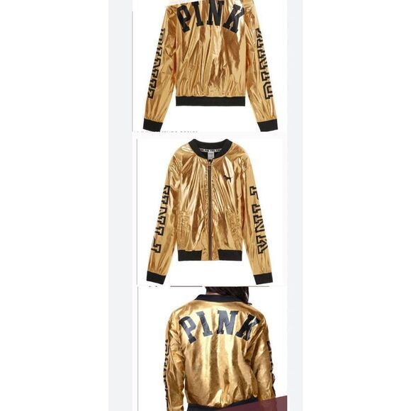 VS PINK bomber Jacket metallic gold foil black sz large - Picture 5 of 10